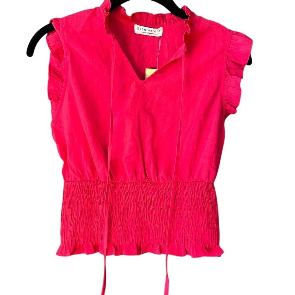 Paper‎ Crane Hot Pink Ruffle Sleeve Smocked Waist V-Neck Blouse D18
